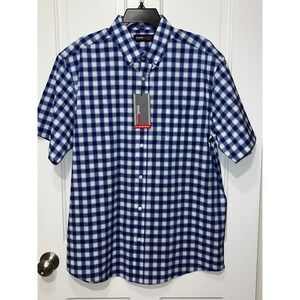 NWT Roundtree & Yorke TravelSmart Mens Large Blue Gingham Short Sleeve Shirt